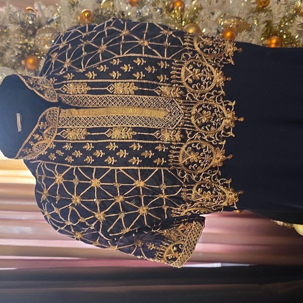 Elegant Navy Women's Dress With Gold Embroidery - Picture 4 of 12